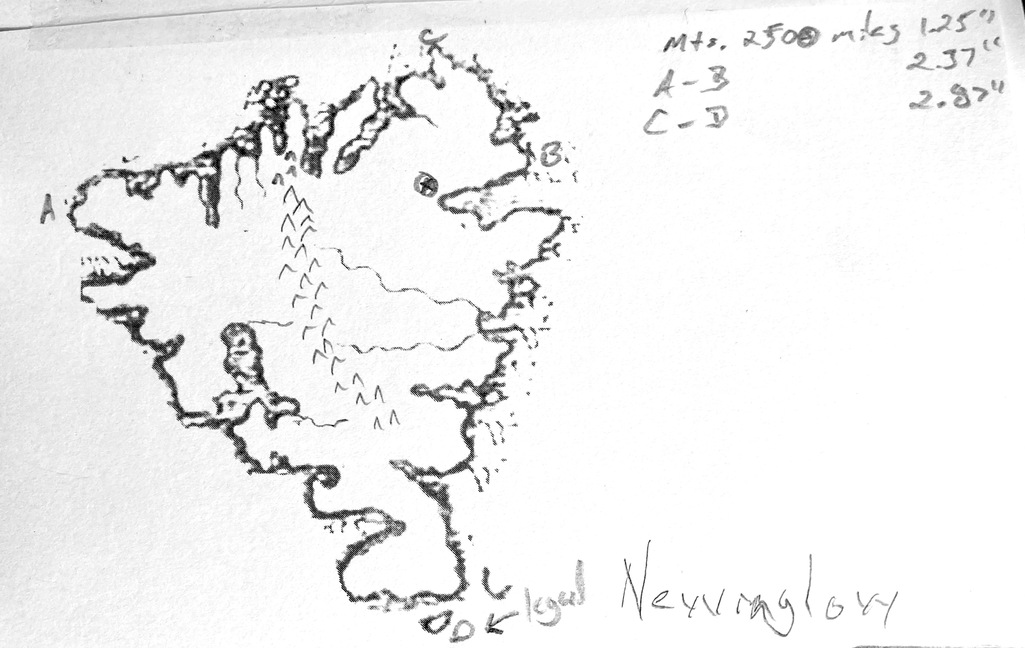 Black and white image. A line map of the fictional island continent of Newinglow showing a mountain range, major rivers, and coastal features such as gulfs, bays, and fjiords. Notations identify certain locations for scale.